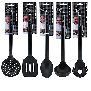 Jogo 5 Colheres Silicone Black Fogaça Escumadeira, Concha, Espátula, Colher e Pegador de Massa - Tuut
