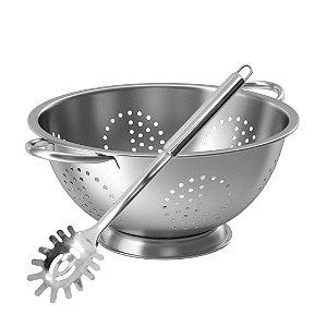 Kit Cozinha Escorredor de Macarrão e Colher de Espaguete Aço Inox Prime - Quality House