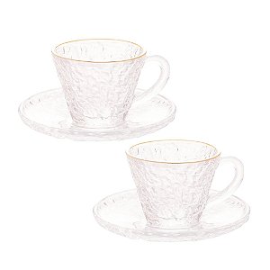 Jogo 2 Xícaras de Cristal Para Café Com Pires Borda Dourada Petra Martelado 70ml - Lyor