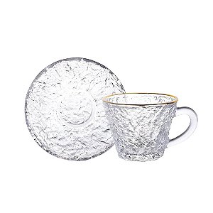Xícara de Cristal Para Café Com Pires Borda Dourada Petra Martelado 70ml - Lyor
