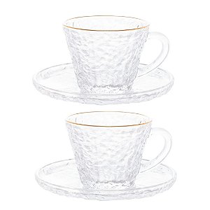 Jogo 2 Xícaras de Cristal Para Chá Com Pires Borda Dourada Petra Martelado 180ml - Lyor