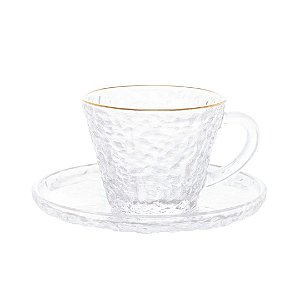 Xícara de Cristal Para Chá Com Pires Borda Dourada Petra Martelado 180ml - Lyor