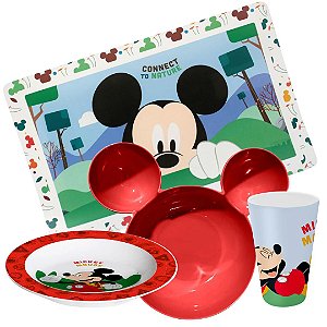 Kit Refeição Infantil Mickey 4 Peças Bowl Orelhas, Prato, Copo Melamina e Lugar Americano - Tuut