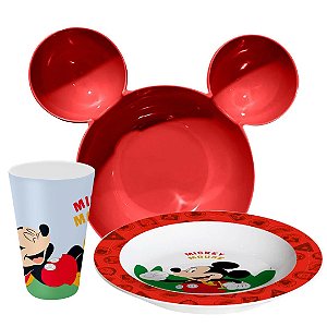Kit Refeição Infantil Mickey 3 Peças Bowl Orelhas, Prato e Copo Melamina Premium - Tuut