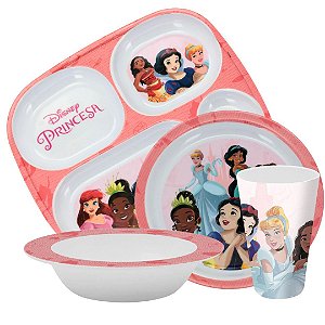 Kit Refeição Infantil Princesas Disney 4 Peças Prato Divisória, Prato Fundo, Tigela e Copo Melamina - Tuut