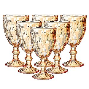 Jogo 6 Taças Vinho e Água Vidro Diamond Âmbar Luxo 340ml - Vivaflor Decor