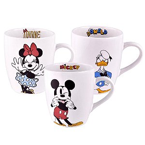 Kit 3 Canecas Disney Cerâmica Mickey, Minnie e Pato Donald 330ml - Tuut