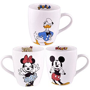 Jogo Disney 3 Canecas Cerâmica Mickey, Minnie e Pato Donald 330ml - Tuut