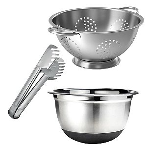 Kit Cozinha Escorredor de Massa, Bowl Inox Premium Base Antiderrapante e Pegador