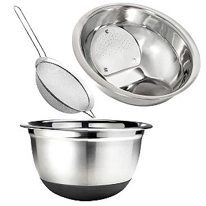 Kit Cozinha Escorredor de Arroz, Bowl Base Antiderrapante e Peneira Aço Inox Prime