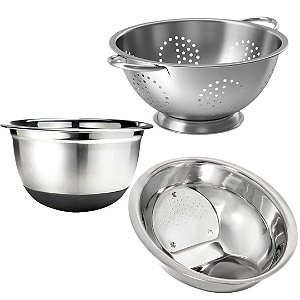 Kit Escorredor de Massa, Lavador de Arroz e Bowl Inox Antiderrapante 3 Peças