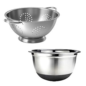 Kit Cozinha Escorredor de Massa e Bowl Inox Premium Base Antiderrapante