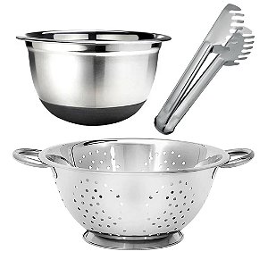 Kit Cozinha Escorredor de Macarrão, Bowl Inox Premium Base Antiderrapante e Pegador