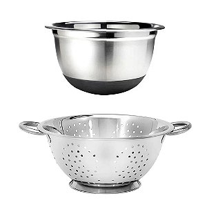 Kit Cozinha Prime Escorredor de Massa Grande e Bowl Inox Premium Base Antiderrapante