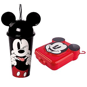 Kit Lanche Mickey Mouse Disney Copo Tampa e Canudo 500ml e Sanduicheira - Plasútil