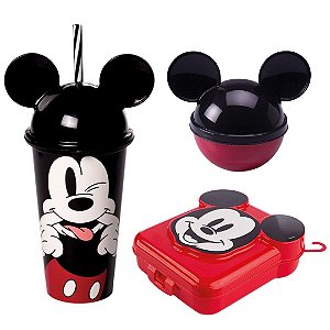 Kit Lancheira Mickey Mouse Disney Copo 500ml, Sanduicheira e Porta Frutas - Plasútil