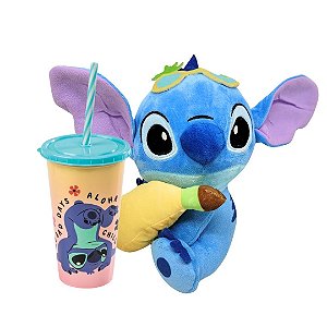Kit Pelúcia e Copo Divertido Stitch Disney com Tampa e Canudo 500ml