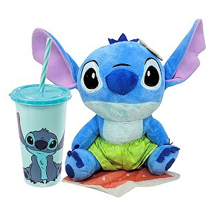 Kit Pelúcia 20cm e Copo Divertido Stitch Disney com Tampa e Canudo 500ml