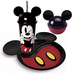 Kit Refeição Infantil Mickey Mouse Prato Divisória, Copo Canudo e Pote Mix - Potte