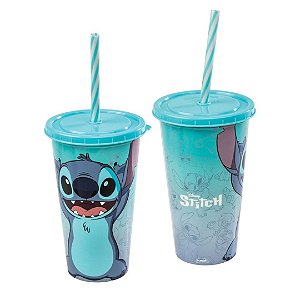 Copo Refri Stitch Disney com Tampa e Canudo 500ml Decoração Mesclada 1 UNIDADE - Plasútil