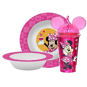 Kit Refeição Infantil Minnie Disney 3 Peças Prato, Tigela e Copo com Canudo - Tuut