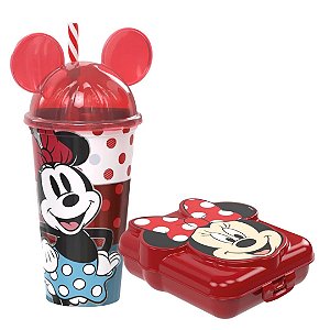 Kit Lanche Minnie Disney Copo Tampa e Canudo 500ml e Sanduicheira - Plasútil