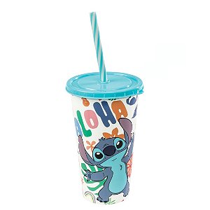 Copo Refri Stitch Disney Aloha com Tampa e Canudo 500ml - Plasútil