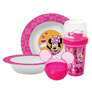 Kit Refeição Infantil Minnie Disney 4 Peças Prato, Tigela, Copo Shakeira e Pote Mix - Tuut