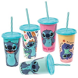 Copo Refri Stitch Disney Azul com Tampa e Canudo 500ml Sortido 1 Unidade - Plasútil