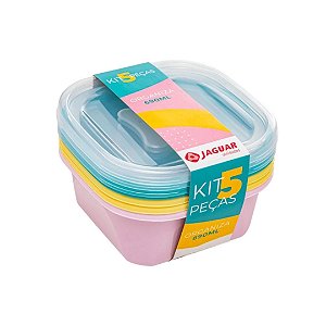 Conjunto 5 Potes Plástico Prime Quadrado Color Tampa Transparente 690ml - Jaguar