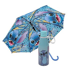 Kit Stitch Disney Guarda Chuva Automático e Garrafa Squeeze 530ml Prime
