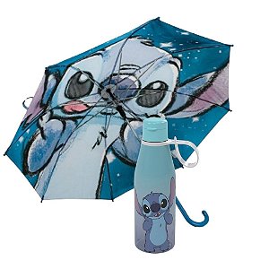 Jogo Guarda Chuva e Garrafa Squeeze 530ml Stitch Premium com Alça