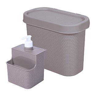 Kit para Pia Cozinha Lixeira e Porta Detergente Trama Cinza Prime - Plasútil