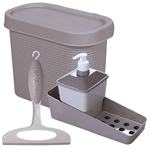 Kit para Pia Cozinha Lixeira Trama, Porta Detergente e Rodinho Cinza - Plasútil