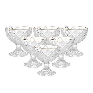 Jogo 6 Taças de Sobremesa Vidro Deli Diamond Fio de Ouro 170ml - Lyor
