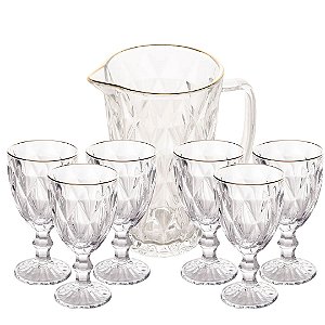 Jogo 6 Taças Diamond 340ml e Jarra Transparente Borda Dourada 1 Litro -Vivaflor Dercor