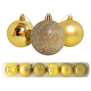 Kit 6 Bolas De Natal 8cm Mista Gliter, Fosco e Brilho Dourado - Master Christmas