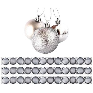 Kit 36 Bolas Natal Mista Gliter, Fosca e Lisa Prata 5cm - Master Christmas