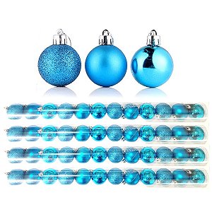 Kit 60 Bolas Natal Mista Glitter, Fosca, Lisa Azul Turquesa Mini 3cm - Master Christmas