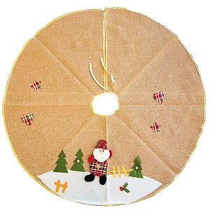 Saia para Árvore de Natal Linho Bege e Dourado Pelúcia Papai Noel 90cm - Master Christmas