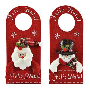 Kit 2 Decora Maçaneta Feliz Natal Pelúcia Boneco de Neve e Papai Noel 30cm - Master Christmas