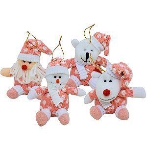 Conjunto 4 Bonecos Pelúcia Rosa Pendente Natal Papai Noel, Boneco Neve, Urso e Rena 14cm - Master Christmas