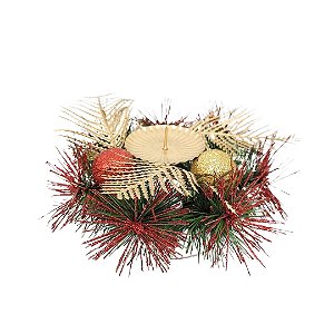 Castiçal De Natal Decorado Luxo Bolas e Folhagens Dourado e Vermelho 15cm - Master Christmas