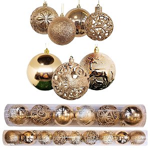 Conjunto 15 Bolas Natal Textura Rena e Folhagens Champanhe Luxo 8cm e 10cm - Master Christmas