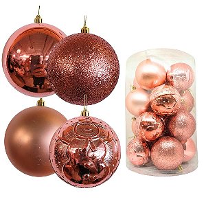 Jogo 16 Bolas Natal Rosê Mista Luxo Textura Boneco de Neve 10cm - Master Christmas