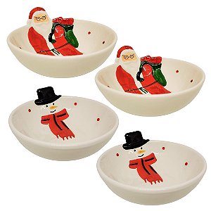 Jogo 4 Tigelas Bowl Cerâmica Natal Papai Noel e Boneco de Neve 13cm 250ml - Master Christmas