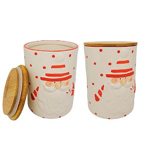 Jogo 2 Potiche Decorativo Natal Papai Noel Cerâmica Tampa Hermética Bambu 1000ml - Master Christmas