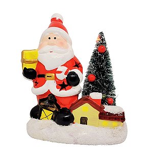 Papai Noel Decorativo Cerâmica Iluminada Casa e Pinheiro LED Color 15cm - Nataluz