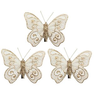 Kit 3 Borboletas Decoradas Glitter Champanhe Luxo 8cm - Magizi