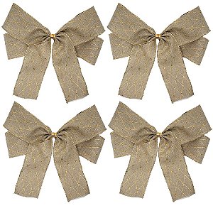 Jogo 4 Laços Pronto Natal Linho Cru Ponto de Luz Borda Dourada 24cm - Decor Natal